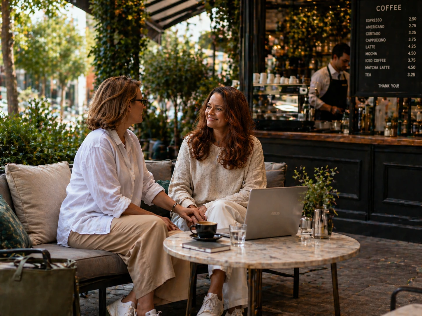 Suzann Rose meeting someone for coffee at a café